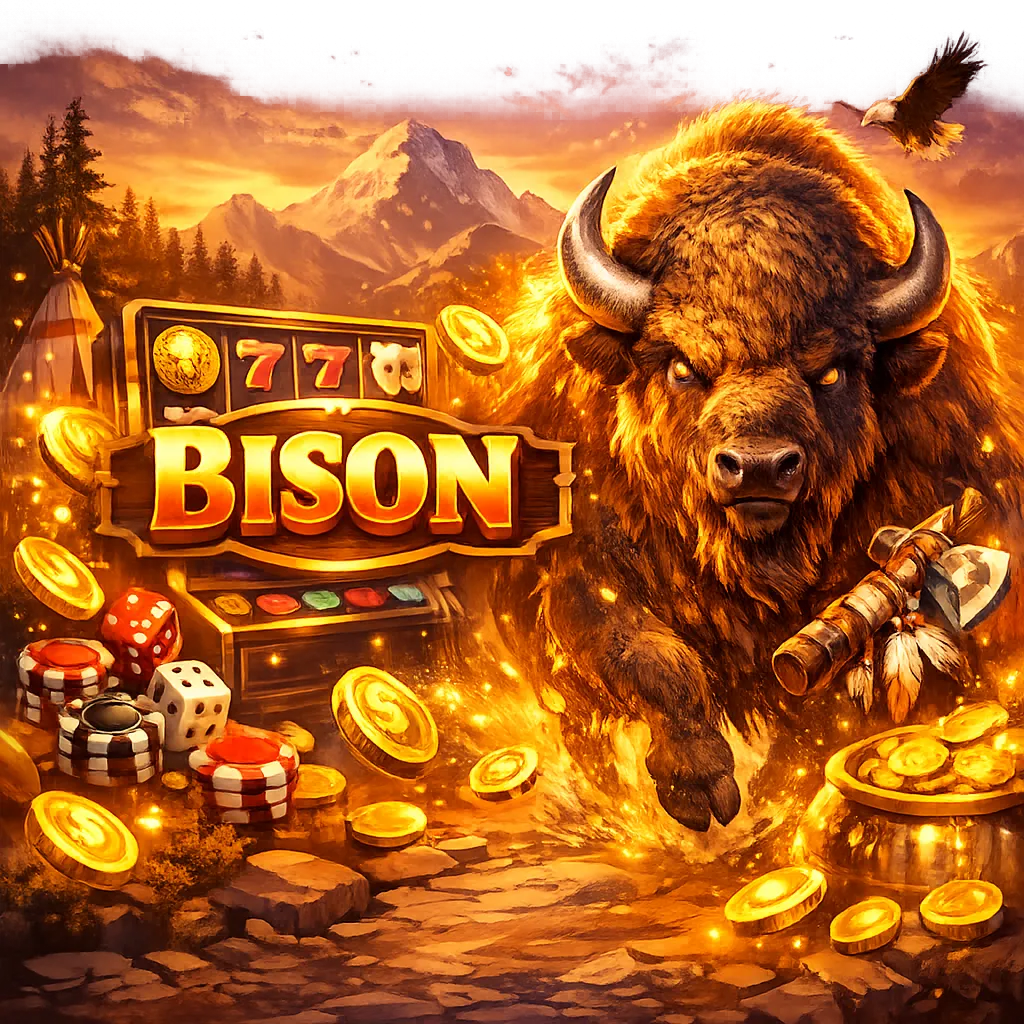 Vibrant promotional image for Bison Casino with dynamic casino elements and a lively atmosphere.