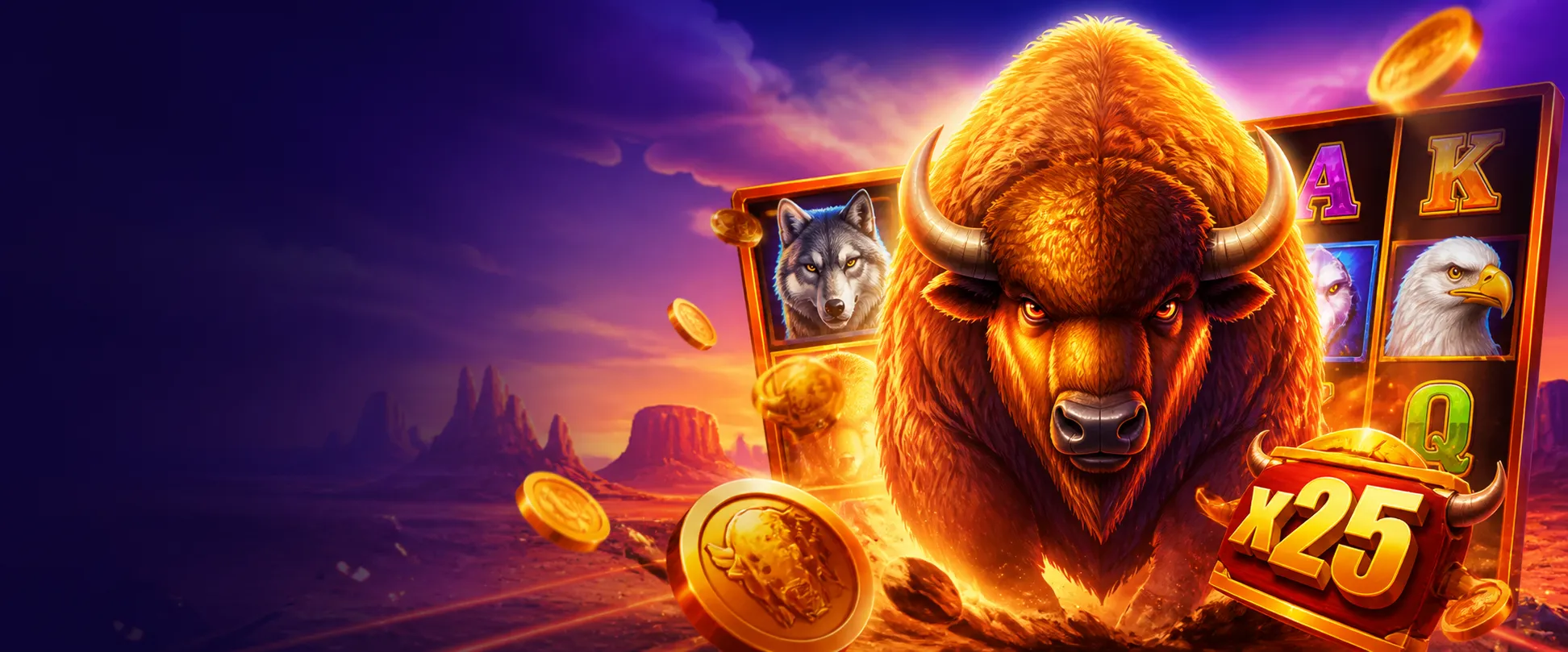 Vibrant promotional banner for Bison Casino PL with dynamic elements and a central bison theme.