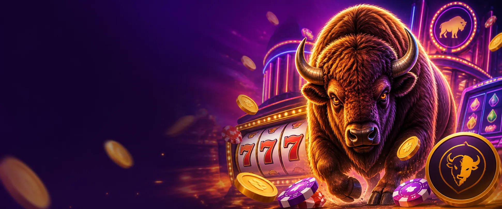 Dynamic promotional banner for Bison Casino featuring a robust visual identity, colorful elements, and a vibrant atmosphere.